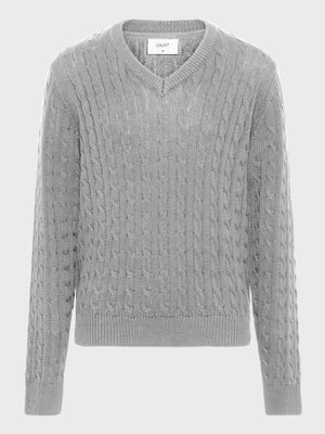 GRUNT GRAron LS V-Neck Cable Knit Knits Grey Melange