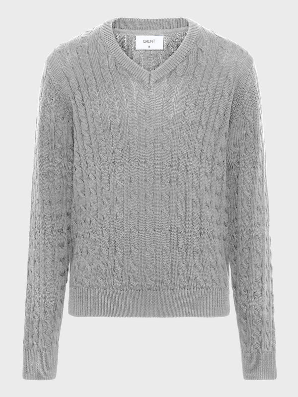 GRUNT GRAron LS V-Neck Cable Knit Knits Grey Melange