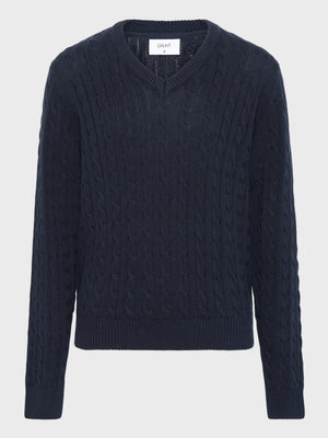 GRUNT GRAron LS V-Neck Cable Knit Knits Navy