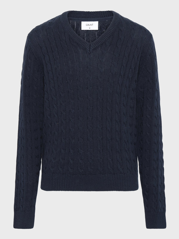 GRUNT GRAron LS V-Neck Cable Knit Knits Navy