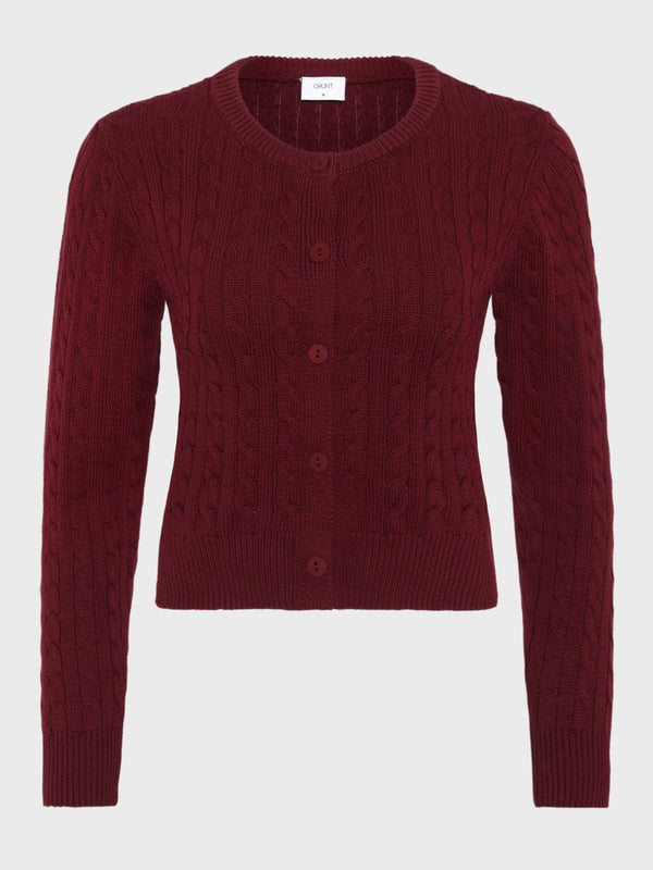 GRUNT GRLine Cable LS Knit Cardigan Knits Mørk rød