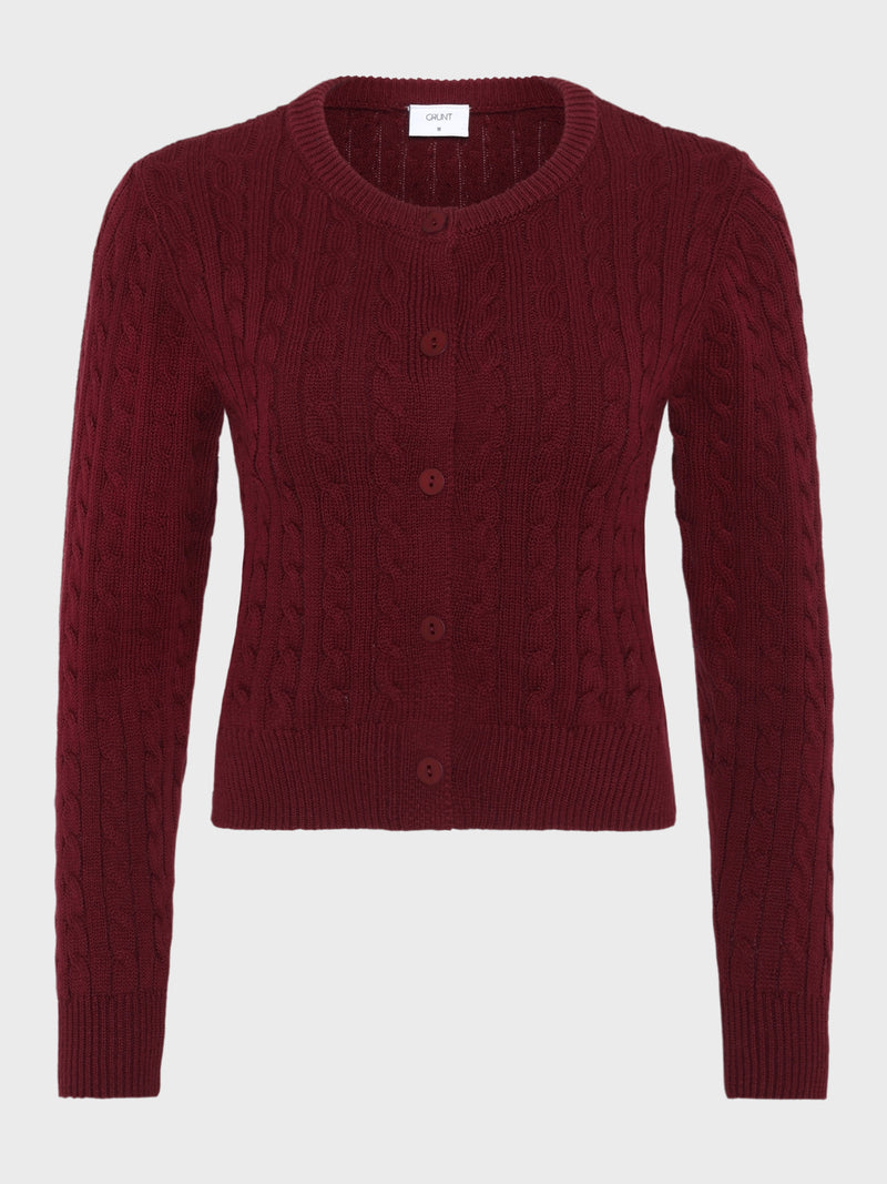 GRUNT GRLine Cable LS Knit Cardigan Knits Mørk rød